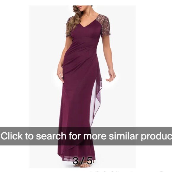 Woman's Burgundy Xscape Beaded Sleeve Ruched Gown - Picture 3 of 9